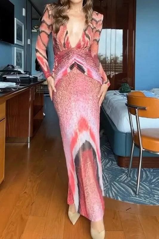 Robe longue moulante sexy à col en V et imprimé floral à manches longues