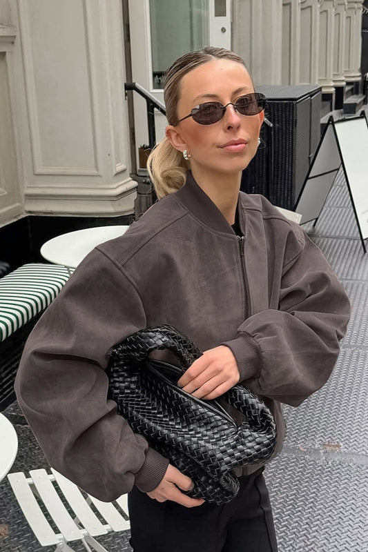 Blouson aviateur rétro en daim gris