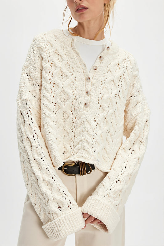 Button Detail Cable Knit Crew Neck Sweater