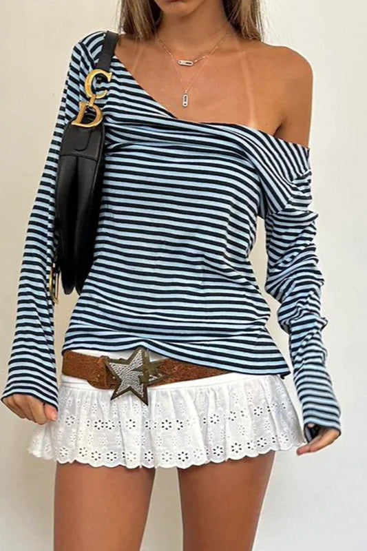 Color Block Striped V Neck Loose Knit Long Sleeve Blouse