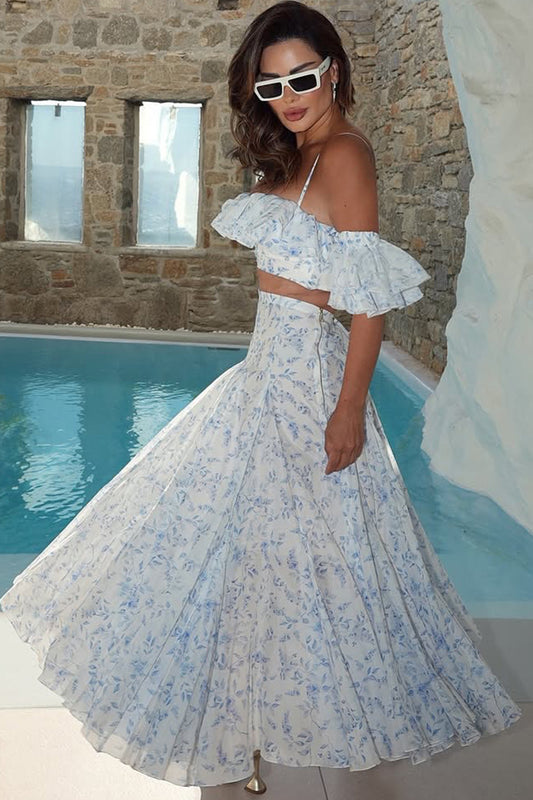 Ensemble deux pièces robe longue à volants et épaules dénudées