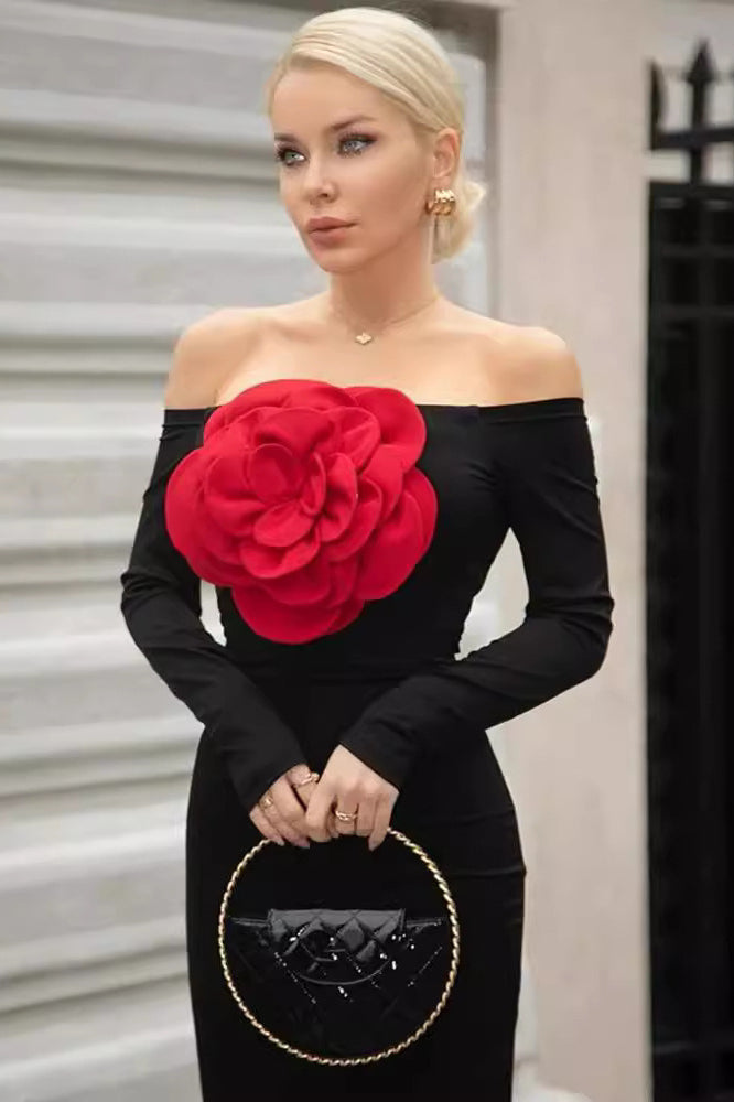 Red Floral Bandage Off Shoulder Long Sleeve Party Dress
