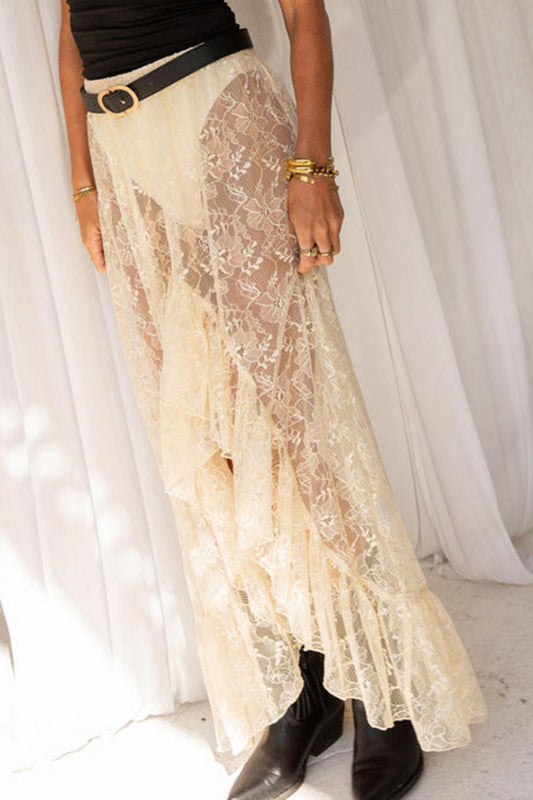 Jupe asymétrique à volants en dentelle transparente