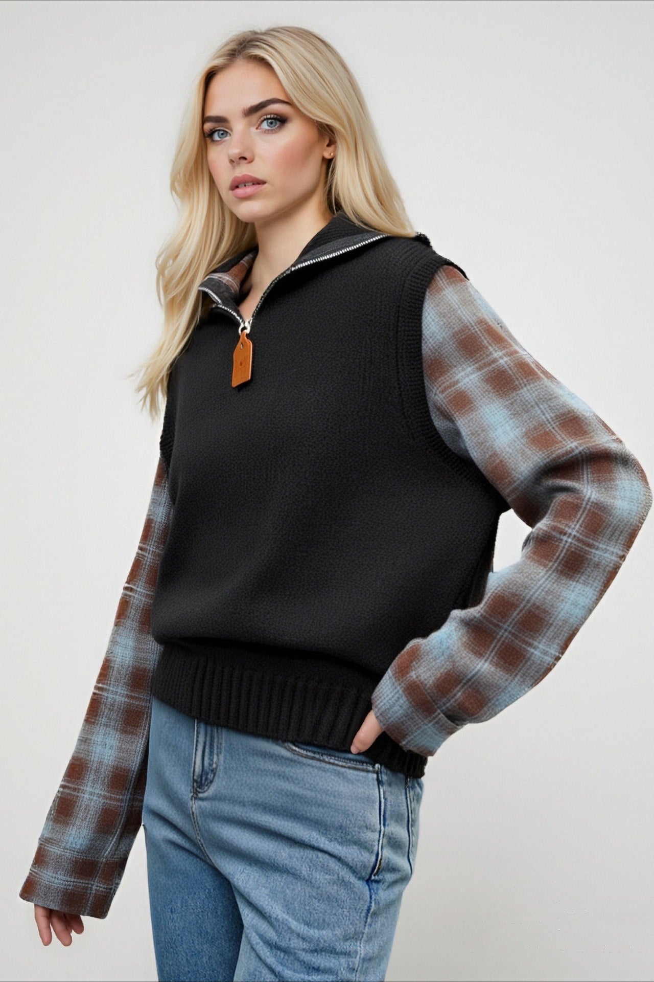 Fake Two Piece Plaid Contrast Half Zip Collared Sweater