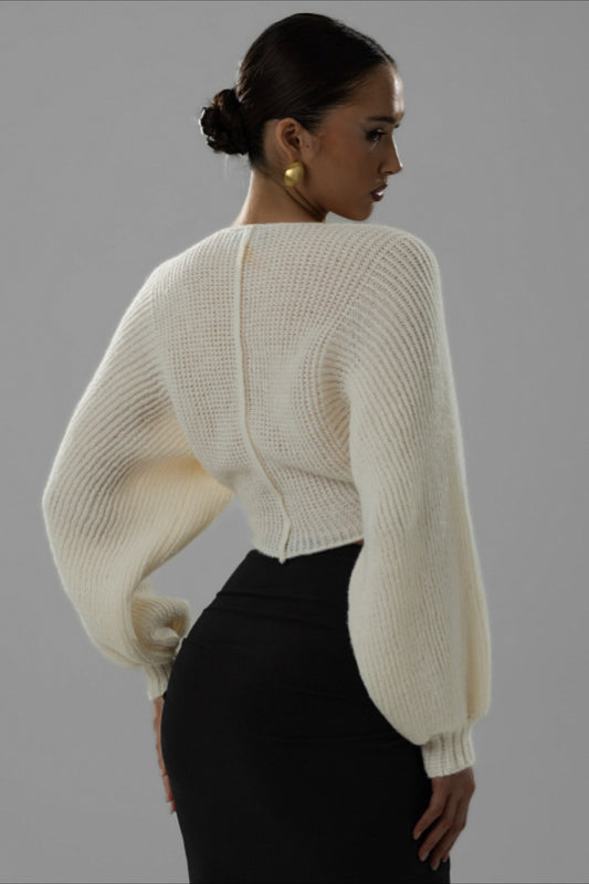 Twist Front Cropped V Neck Knit Sweater