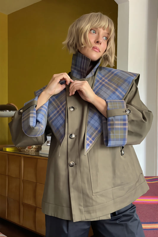 Reversible Plaid Cape Collar Trench Coat