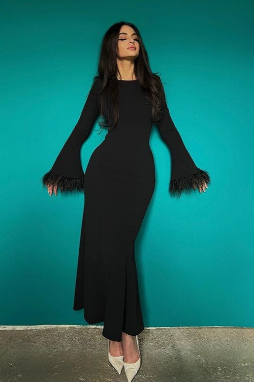 Feather Trim Bodycon Maxi Dress
