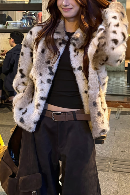 Spotted Zip Front Faux Fur Coat