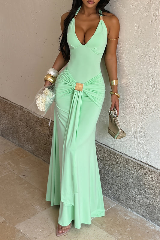 Ruched Buckle Halter Fishtail Maxi Dress