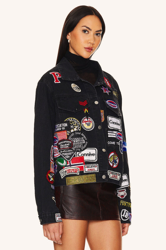 Multi Badge Denim Collared Coat