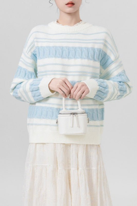 Creamy Stripe Cable-Knit Loose Sweater Blue / One Size