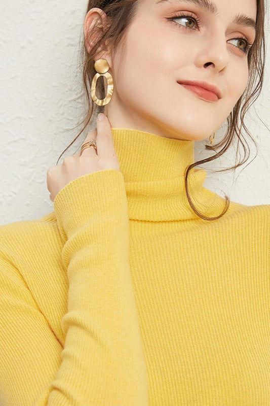 Ribbed Turtleneck Long-Sleeve Slim Stretch Knit Top Yellow / S