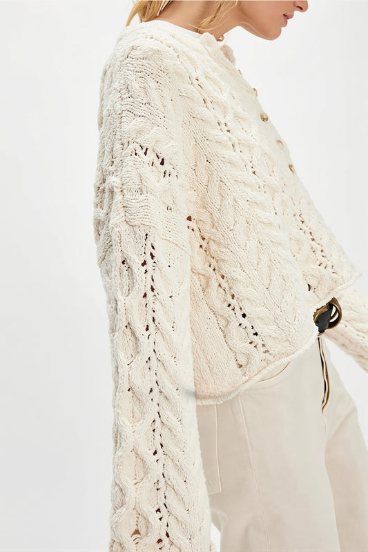Button Detail Cable Knit Crew Neck Sweater