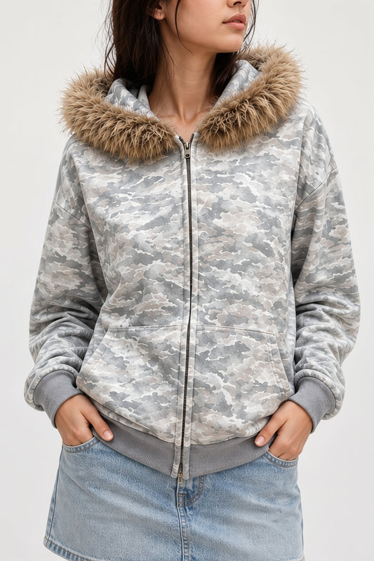 Camo Faux Fur Trim Fitted Zip Hoodie