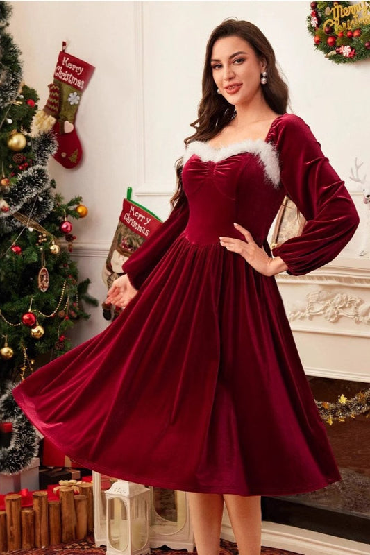 Retro Solid Long-Sleeve Flared Midi Dress