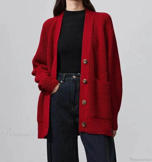 100% Merino Wool V-Neck Thicken Cardigan Red / M Cardigan-241208