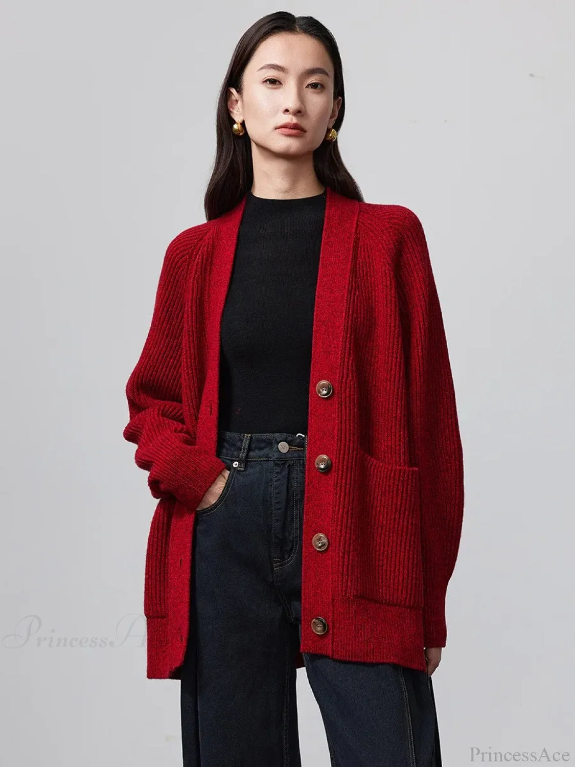 100% Merino Wool V-Neck Thicken Cardigan Red / Xl Cardigan-241208