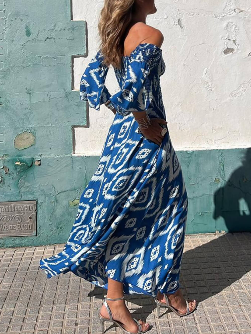 Vacation Ethnic Print Smocked Graceful Off Shoulder Pocketed Maxi Dress Dresses
