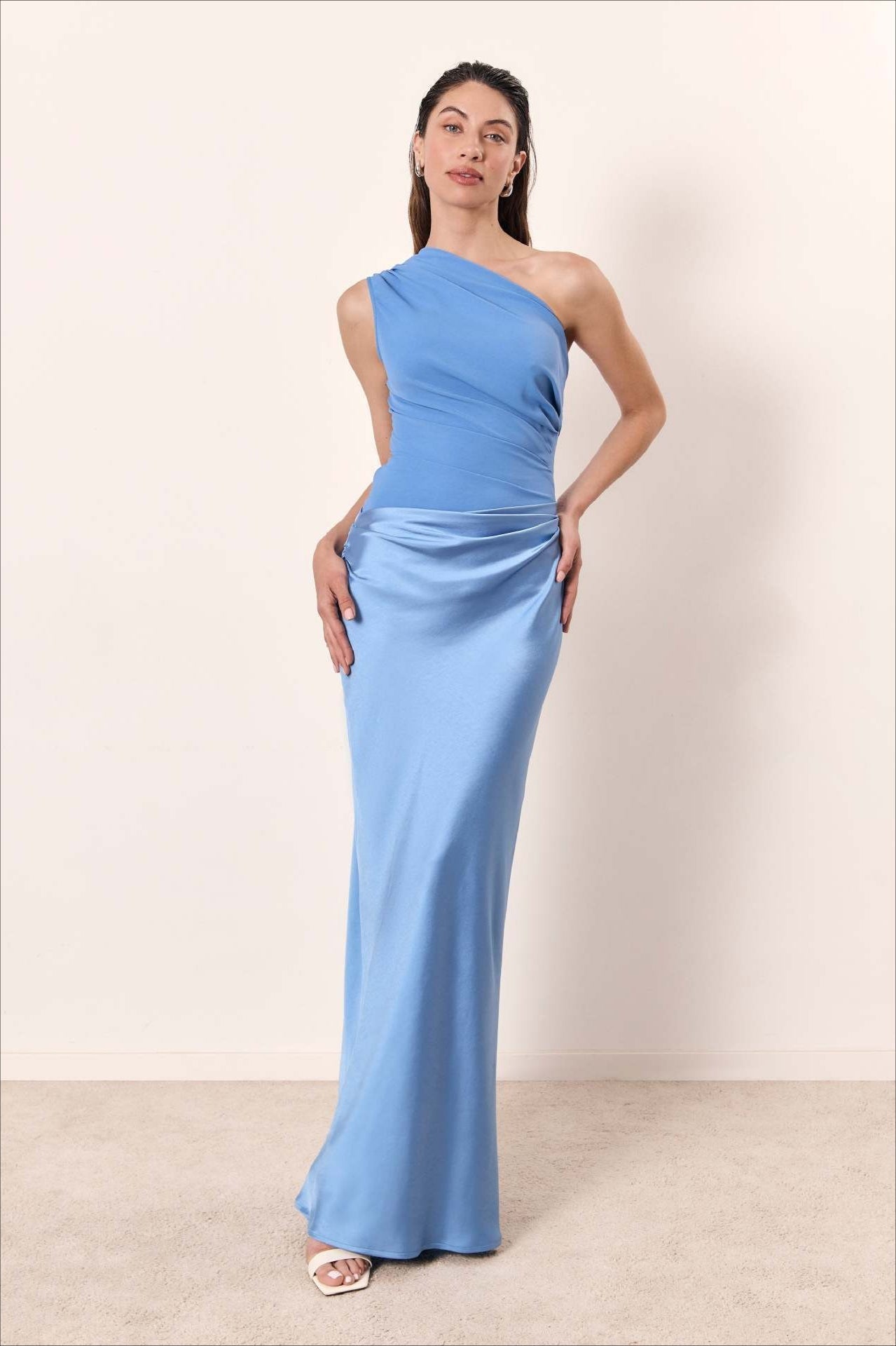 Solid Asymmetric Neckline Sleeveless Formal Dress S / Blue