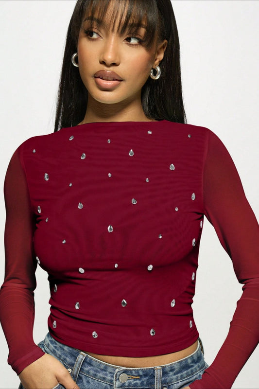 Rhinestone Ruched Mock Neck Mesh Top