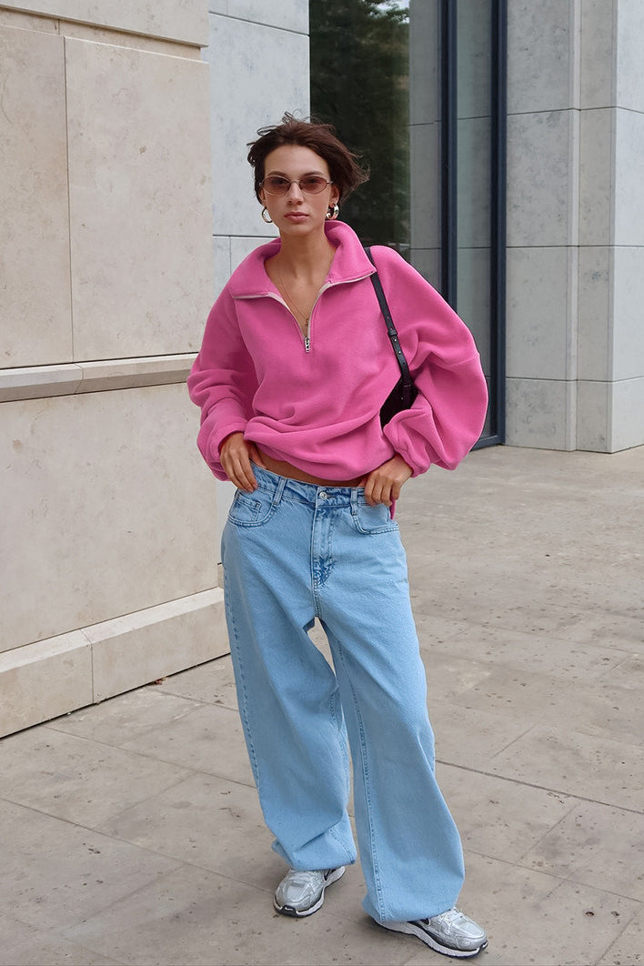 Pink Polar Fleece Loose Thickened Sweatshirt