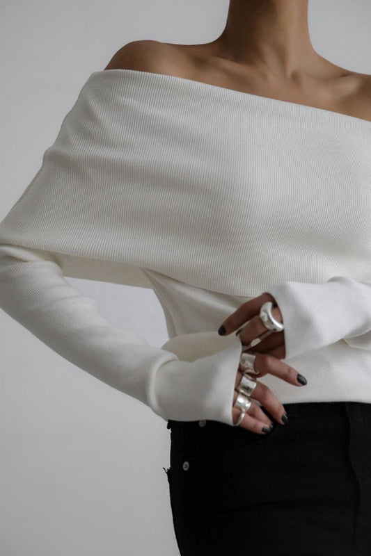 Off Shoulder Fitted Long Sleeve Knit Sweater