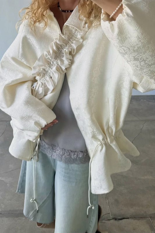 Jacquard Peplum Drawstring Zip Jacket