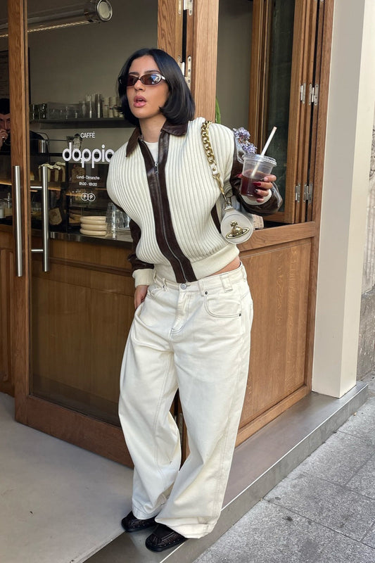 Veste en tricot et cuir à manches longues