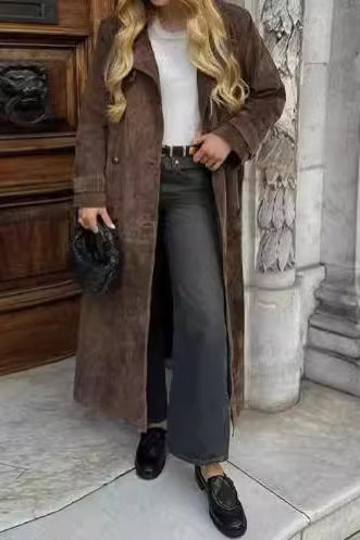 Manteau long marron vintage avec ceinture