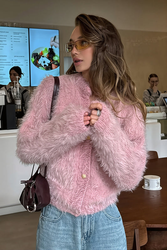 Fuzzy Round Neck Gold Button Cardigan