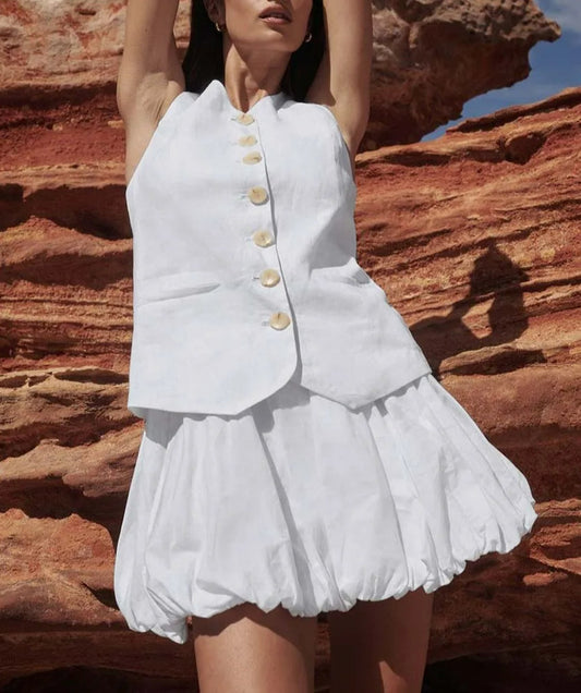 Ensemble de bureau deux pièces plissé sans manches en coton blanc