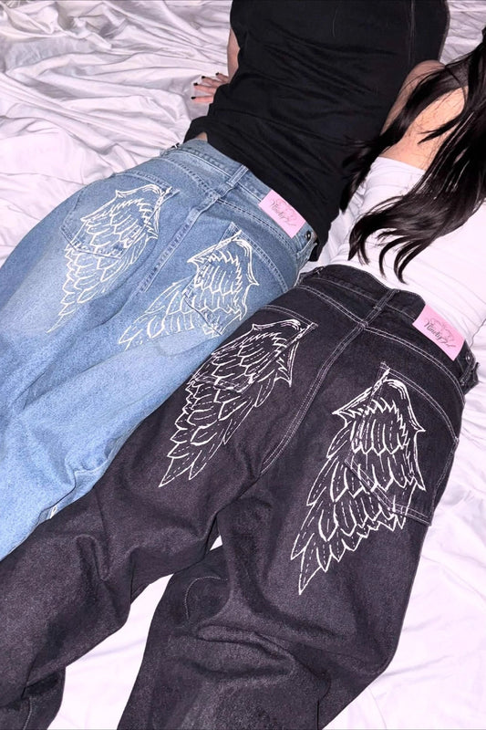 Angel Wing Embroidery Rhinestone Straight Jeans