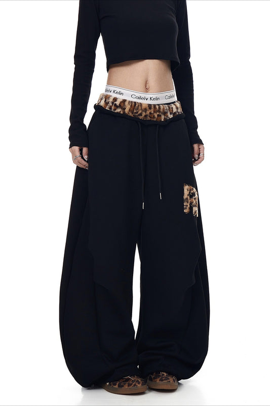 Fuzzy Leopard Patchwork Sweat Pants