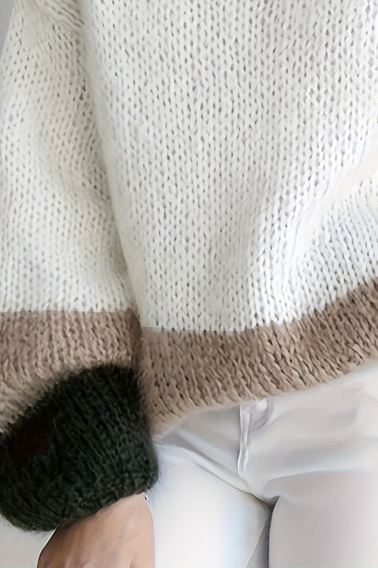 Soft Colorblock Crew Neck Puffy Knit Elegant Sweater