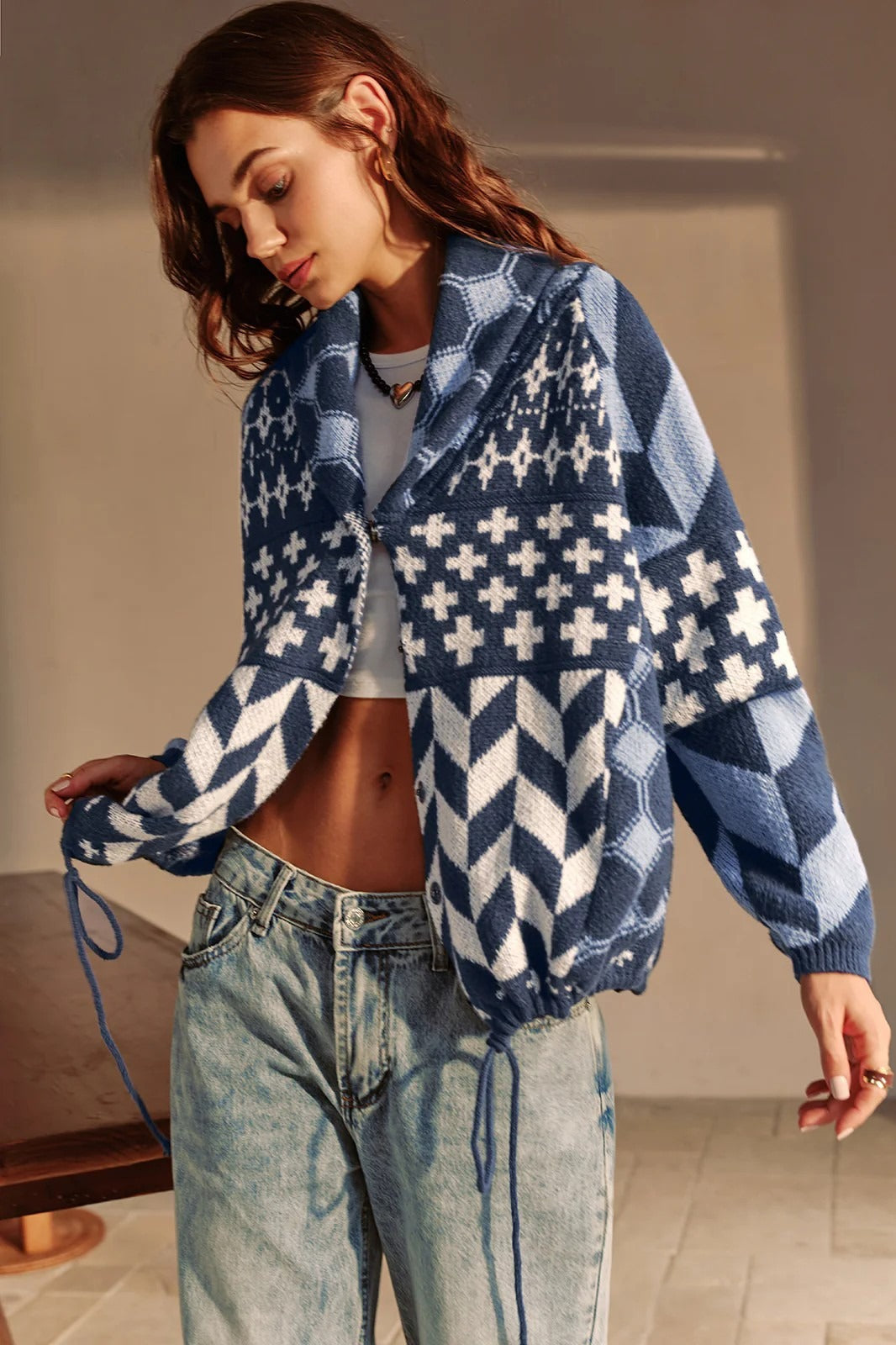 Oversized Soft Yarn Cardigan Blue / L