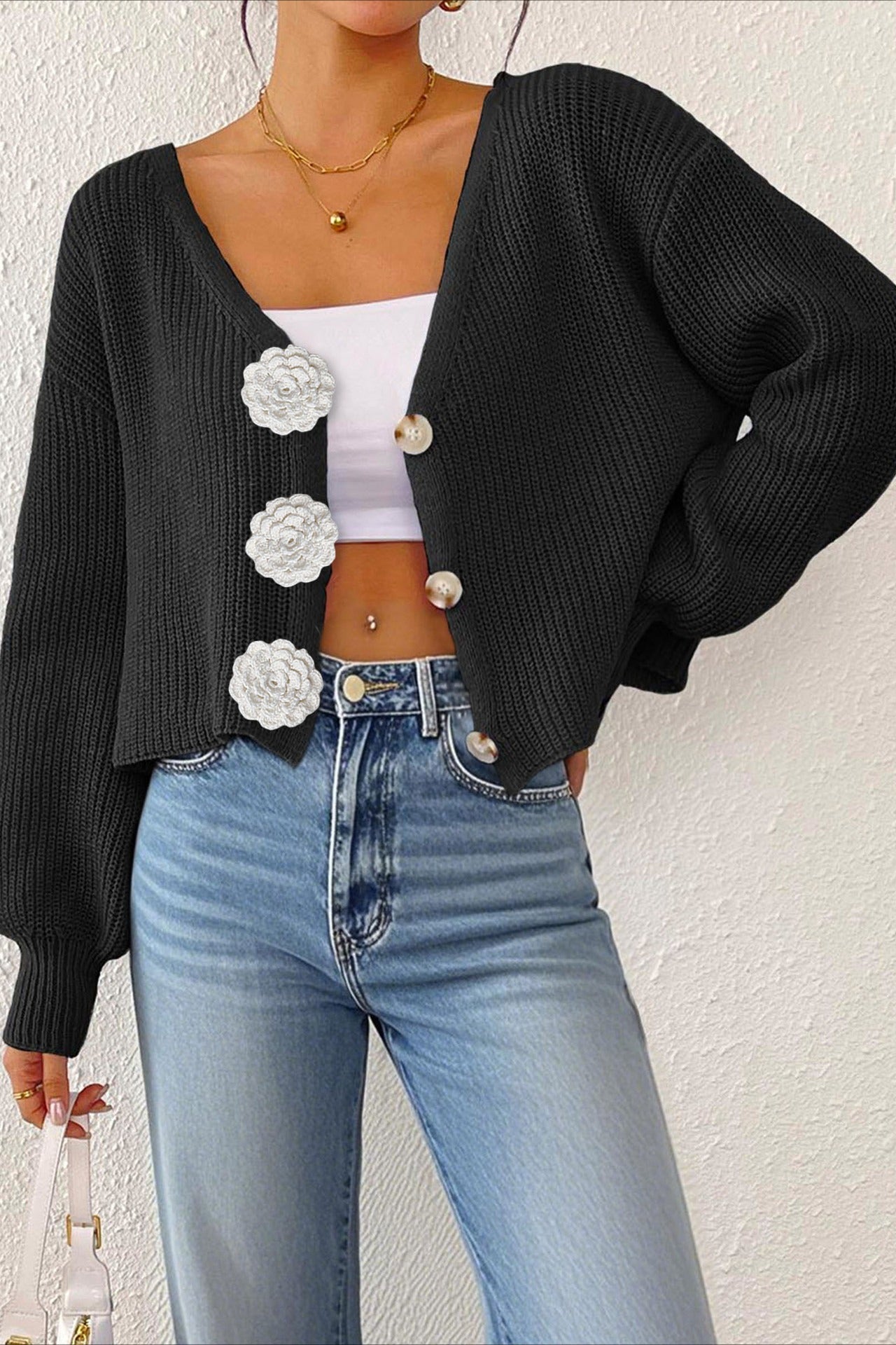 Button Front Crochet Knit Crop Sweater