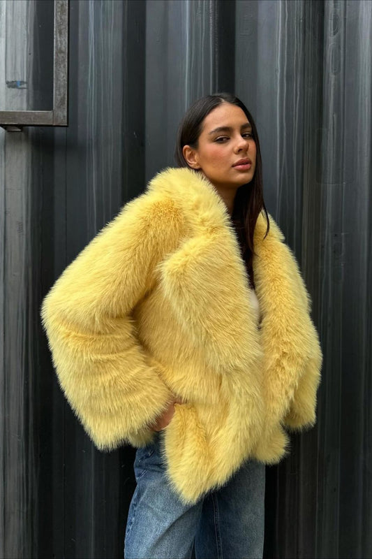 Yellow Faux Fur Open Front Coat