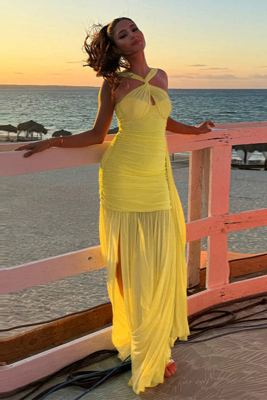 Robe longue moulante à bretelles et liens en maille