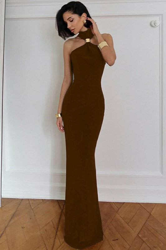 High Neck Sleeveless Slit Formal Dress S / Brown