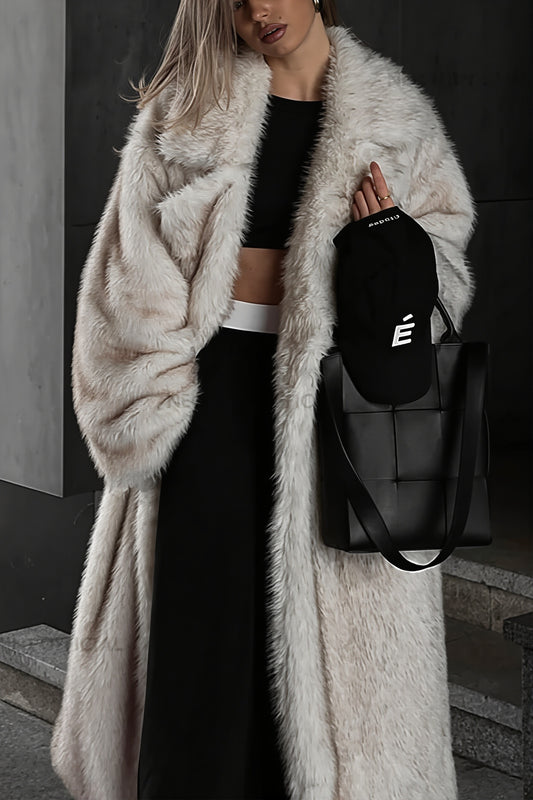 White Plush Wide Collar Long Coat