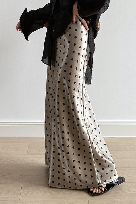 Jupe mi-longue trapèze taille haute en satin à pois vintage