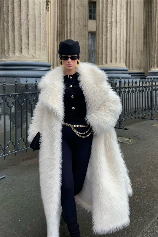 Long White Over the Knee Eco Faux Fur Thick Overcoat
