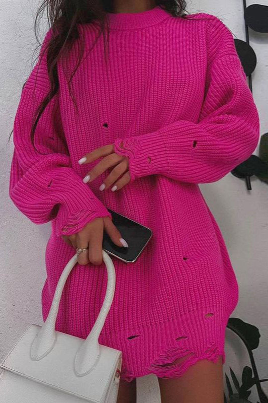 Distressed Longline Crew Neck Sweater