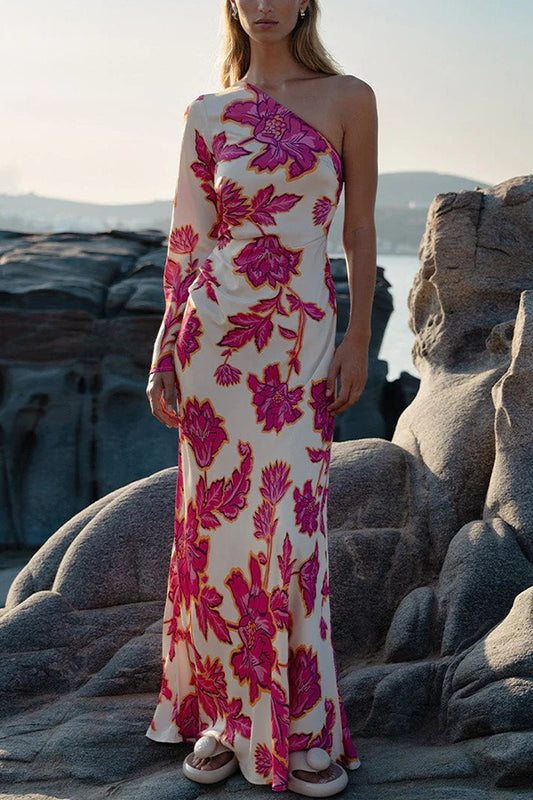 Robe longue asymétrique en satin à imprimé roses