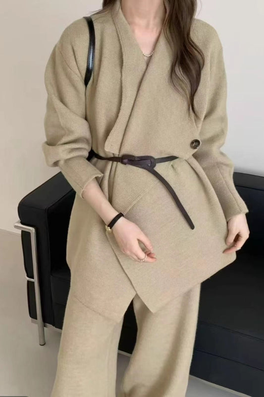 Loose Knit Big Collar Coat Wide-Leg Pants Two Piece Set