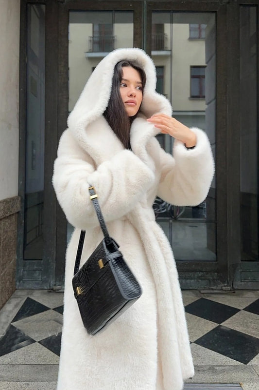 Faux Mink Fur Long Hooded Belted Plush Overcoat