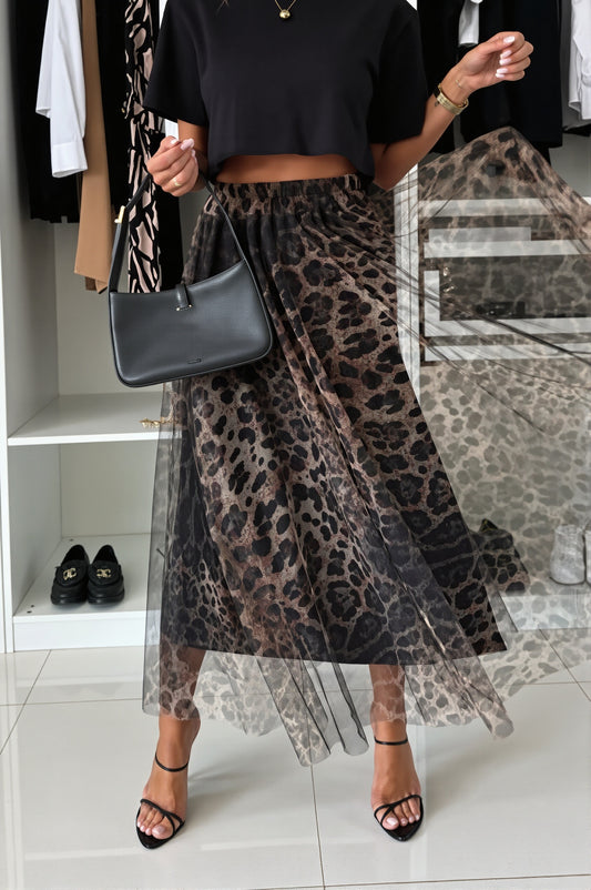 Leopard Tulle A-Line Maxi Skirt