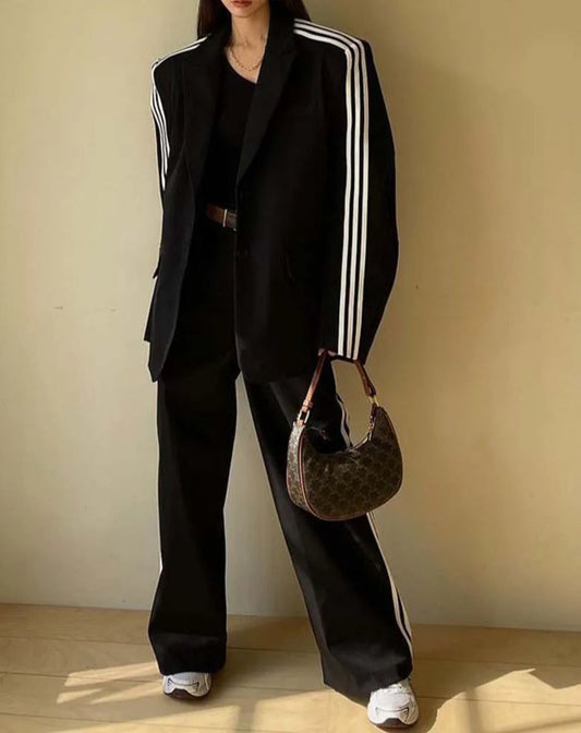 Ensemble deux pièces de bureau avec pantalon taille haute en patchwork noir