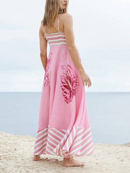Floral Print Paneled Charming Striped Suspender Mixi Dress Dresses