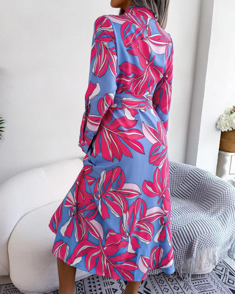 Floral Print Lapel Shirt Dress With Contrast Casual Dresses